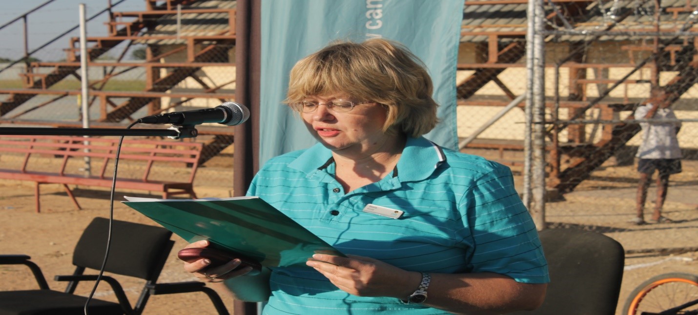 FNB Outjo Branch Manager – Mrs. Reana Kruze speaking at the Fun Day 2017